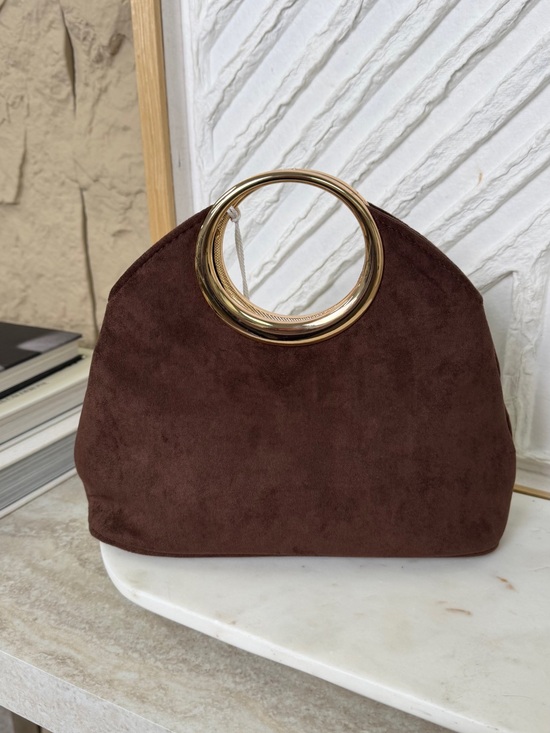 Haute Hippie Handbags - Haute Hippie Chocolate Brown Suede Clutch with Gold Ring Handle